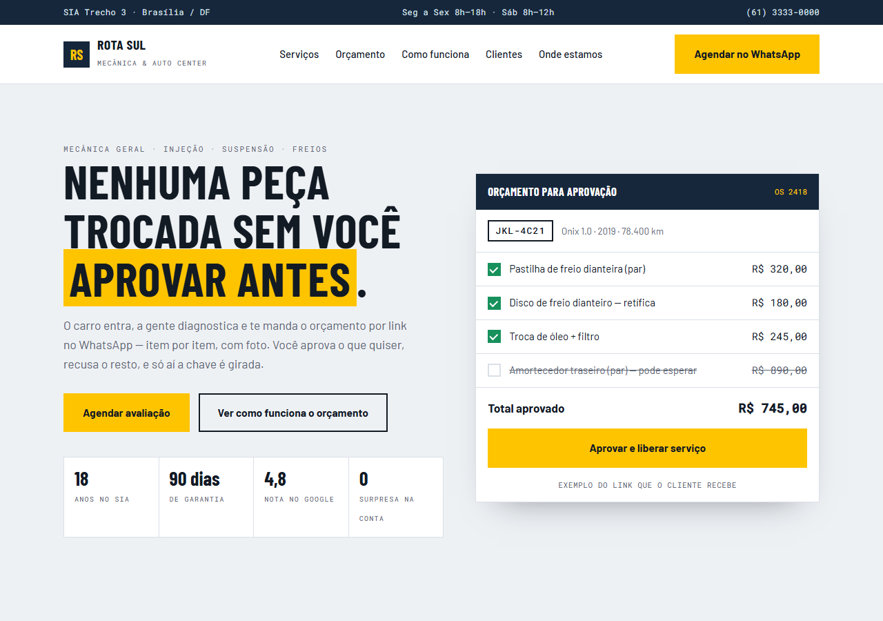 Página da Mecânica Rota Sul, oficina mecânica em Brasília