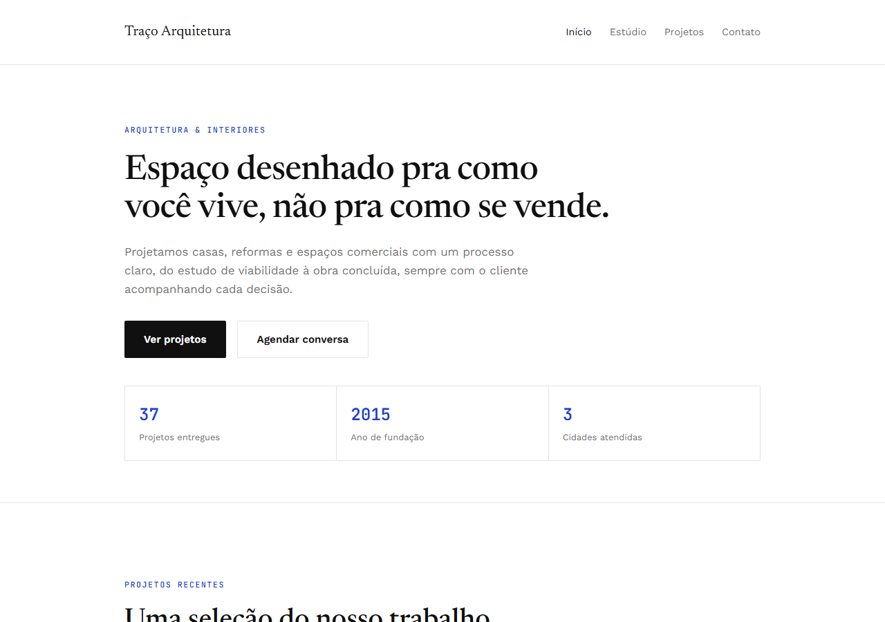 Página inicial do site Traço Arquitetura